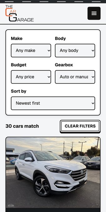The cars page of The Car Garage AU redesign on a phone, with filters for make, body, budget and gearbox above the words 30 cars match