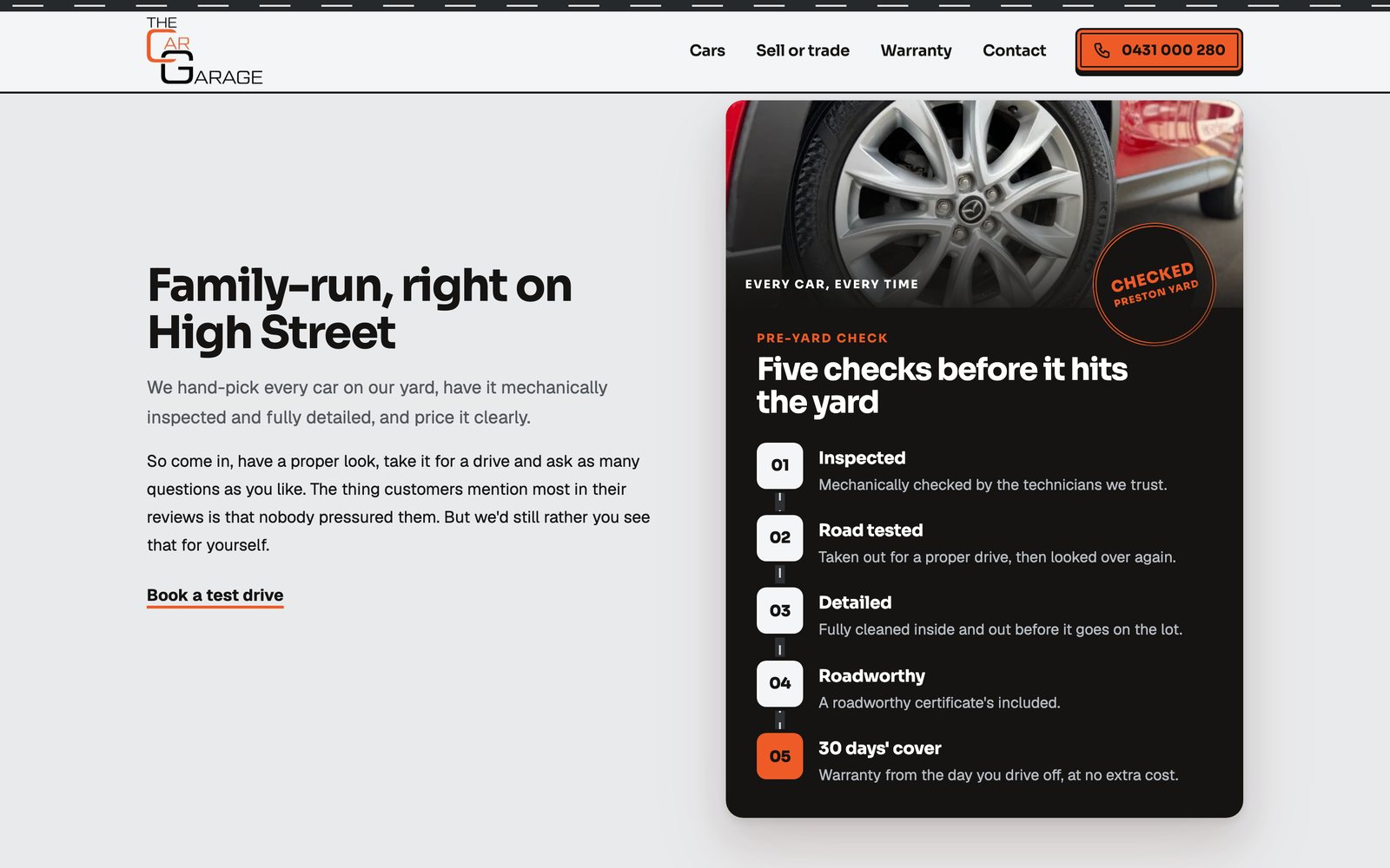 The Car Garage AU redesign: the heading Family-run, right on High Street beside a dark card titled Five checks before it hits the yard, listing inspected, road tested, detailed, roadworthy and 30 days' cover