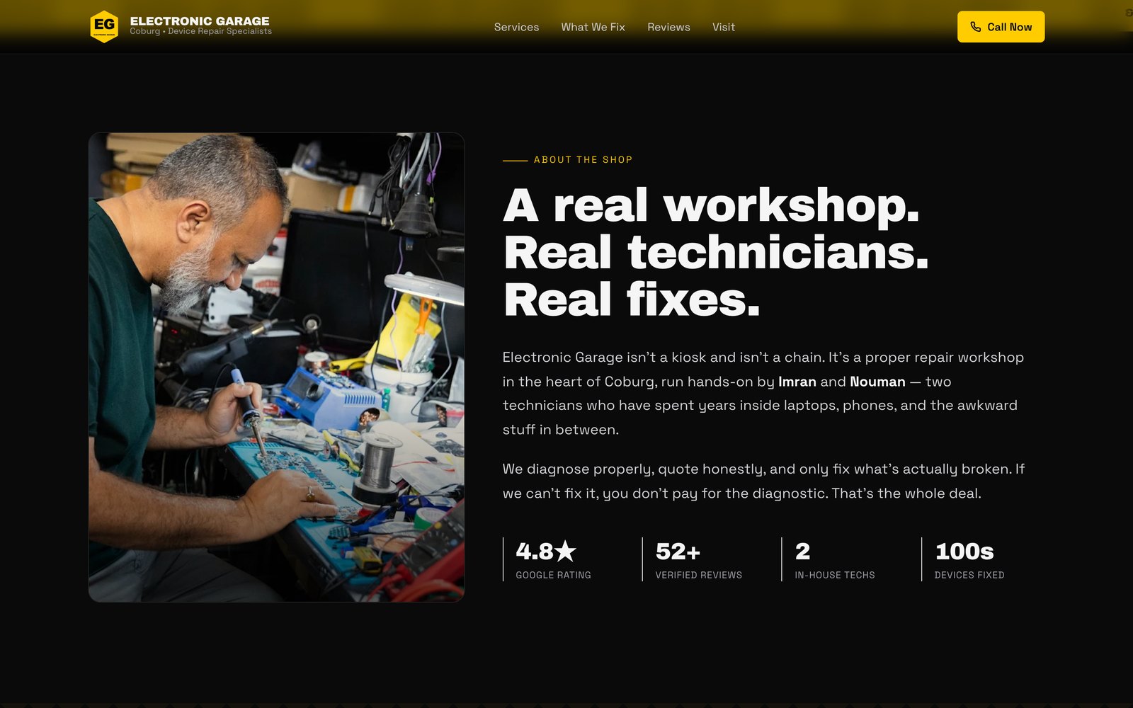 The workshop section of the Electronic Garage website: black and yellow design showing a technician soldering a circuit board at the repair bench