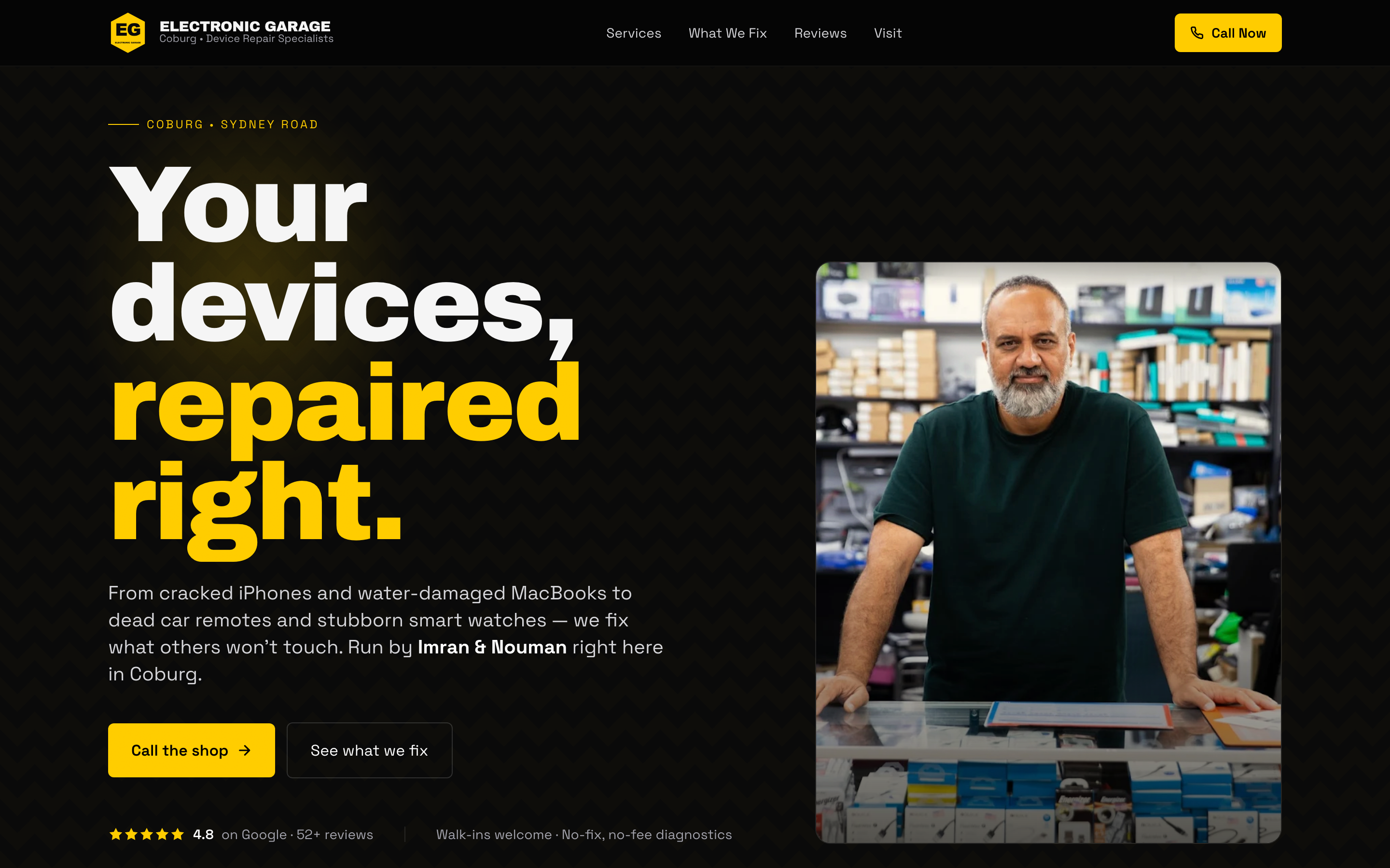 Electronic Garage website, bold dark and yellow design for a Coburg device repair shop