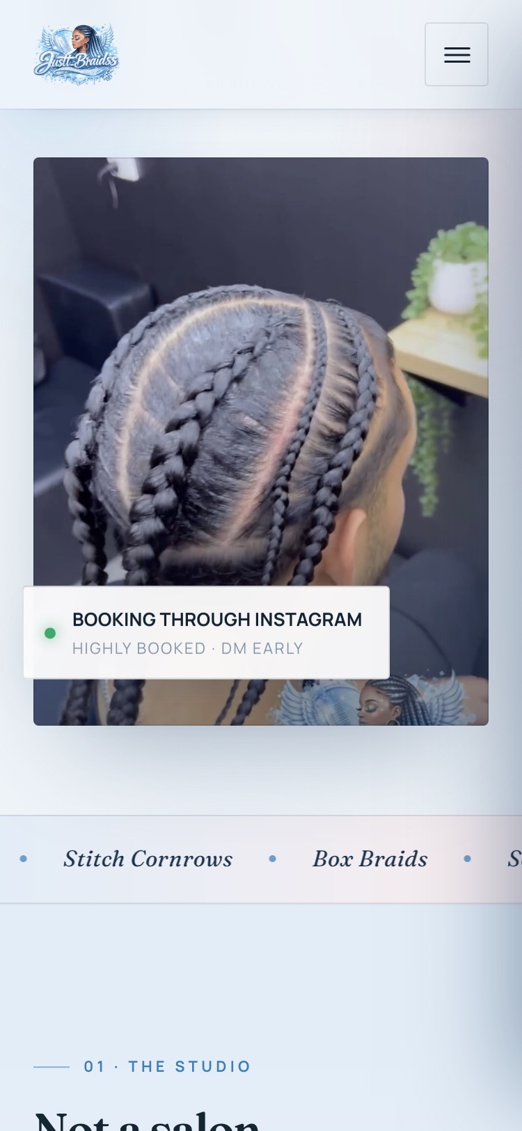 The same Justt Braidss page on a phone, showing a close-up of freshly braided cornrows with a booking-through-Instagram note over it