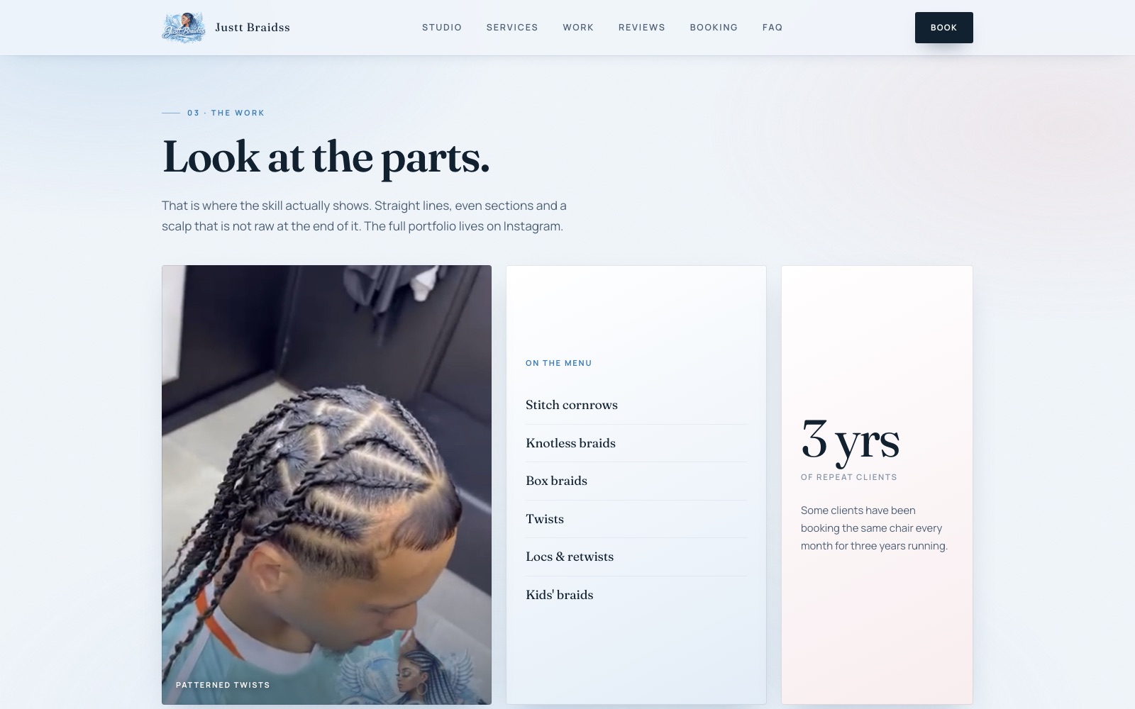 The Justt Braidss website's work section, headed Look at the parts, with a close-up of stitch cornrows and a service list of knotless braids, box braids, twists, locs and kids' braids