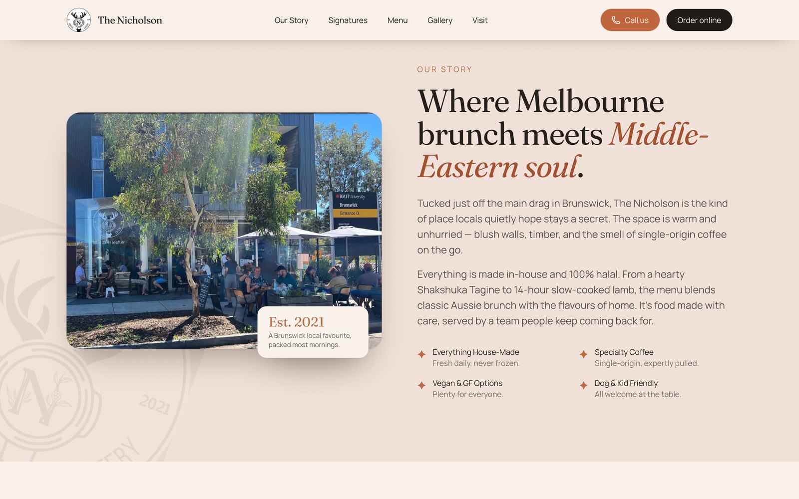 The story section of The Nicholson website: warm cream design with a street photo of people dining outside the Brunswick cafe