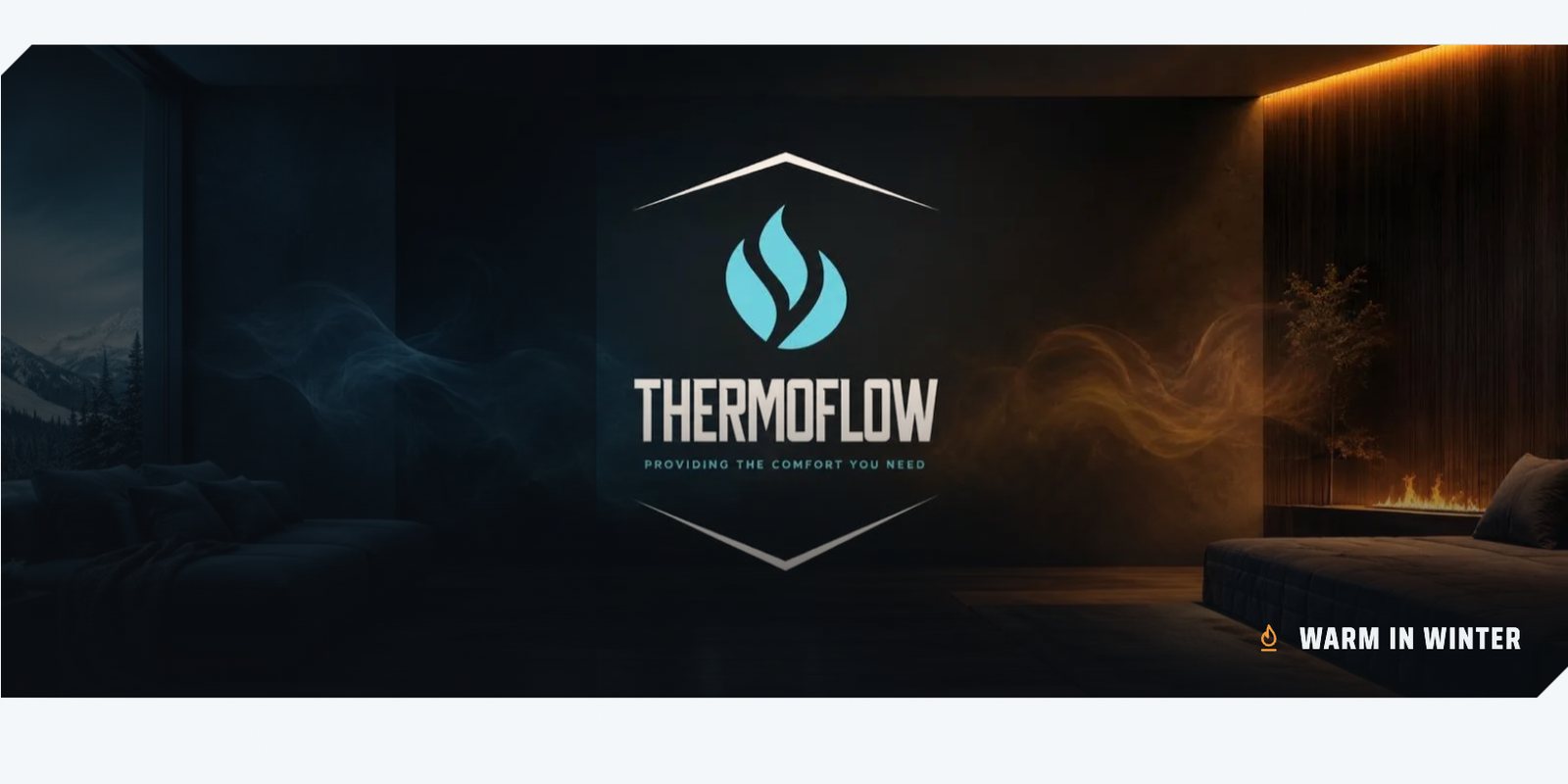 The Thermoflow banner with the site switched to heating: a dark room with the Thermoflow logo in the middle, warm light and a fireplace on the right, and the label Warm in winter