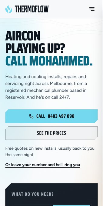 The Thermoflow website on a phone with the switch on cooling, so the headline reads Aircon playing up? Call Mohammed. in cool blue