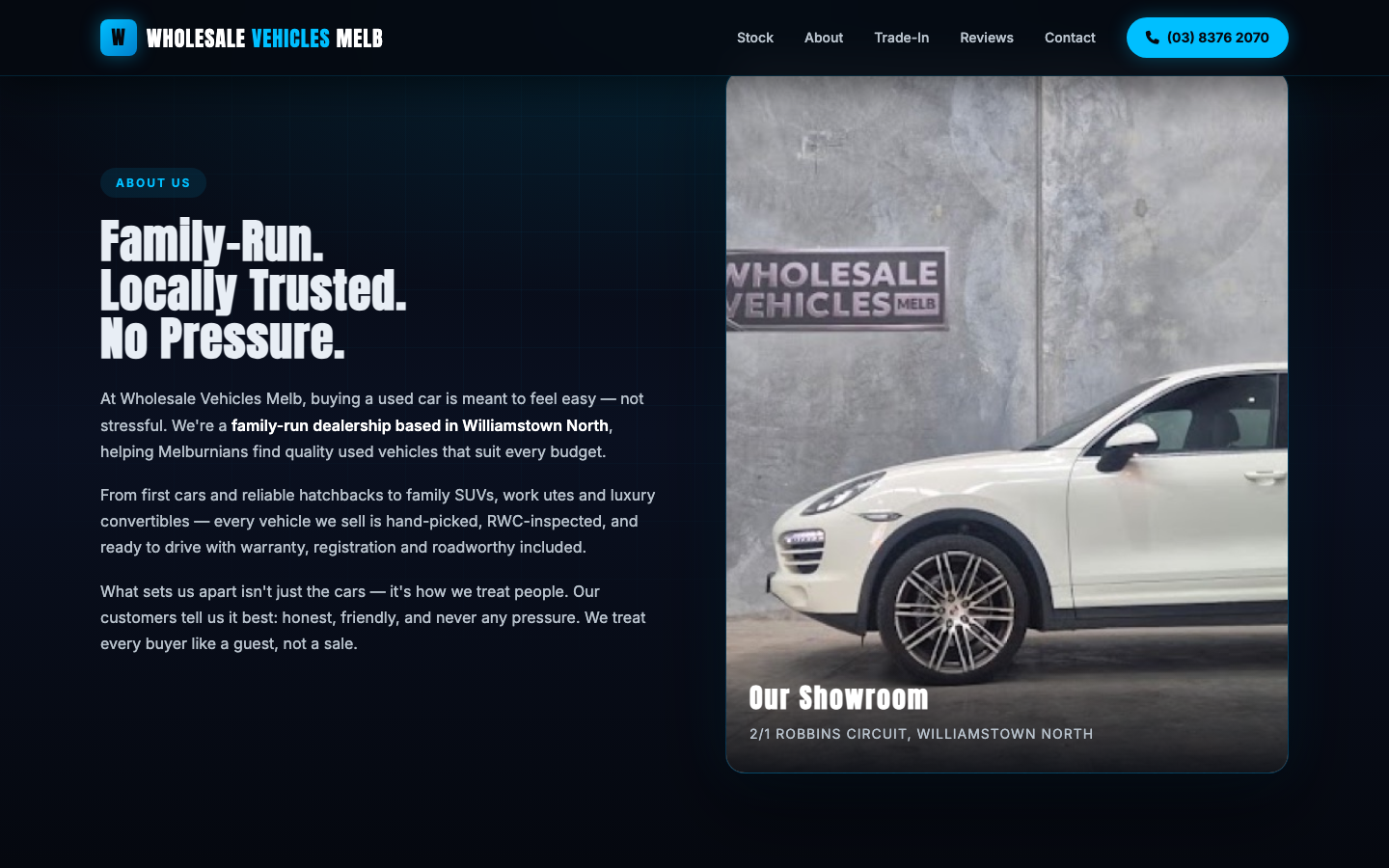 Wholesale Vehicles Melb website, dark blue design for a Williamstown North used car dealership, showing the Our Showroom photo of a white SUV parked under the dealership signage