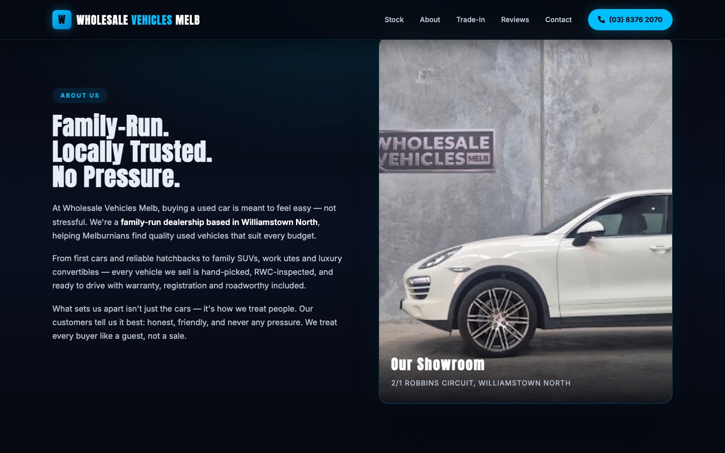Wholesale Vehicles Melb website, dark blue design for a Williamstown North used car dealership, showing the Our Showroom photo of a white SUV parked under the dealership signage