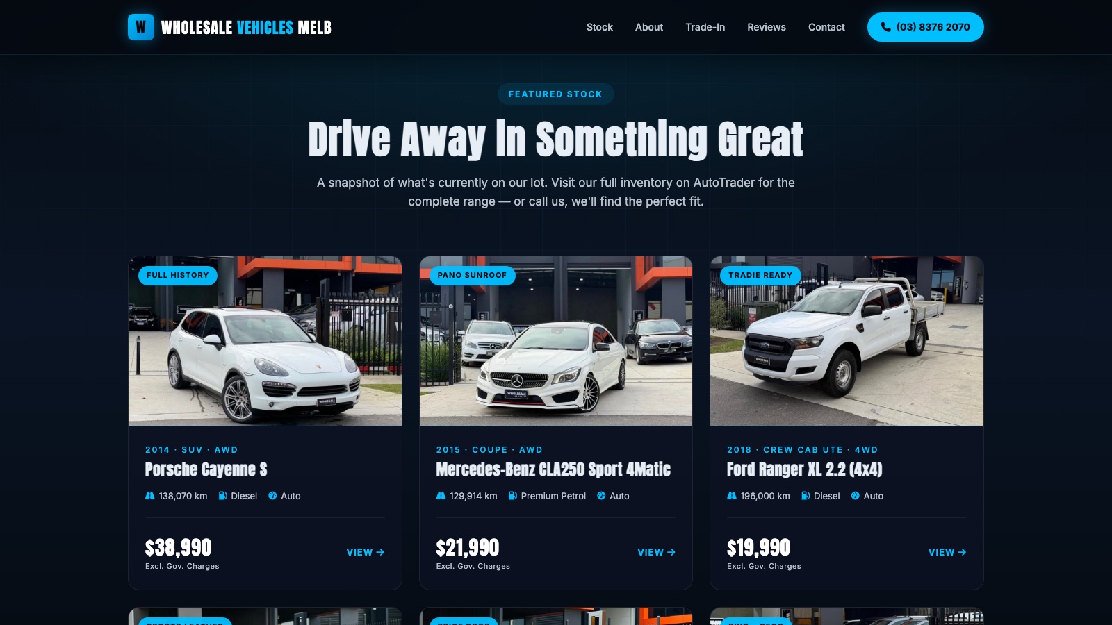 The Featured Stock section of the Wholesale Vehicles Melb website: the heading Drive Away in Something Great above a row of real vehicle listings, a Porsche Cayenne S, a Mercedes-Benz CLA250 and a Ford Ranger, each with its own photo, year, kilometres, fuel type and price