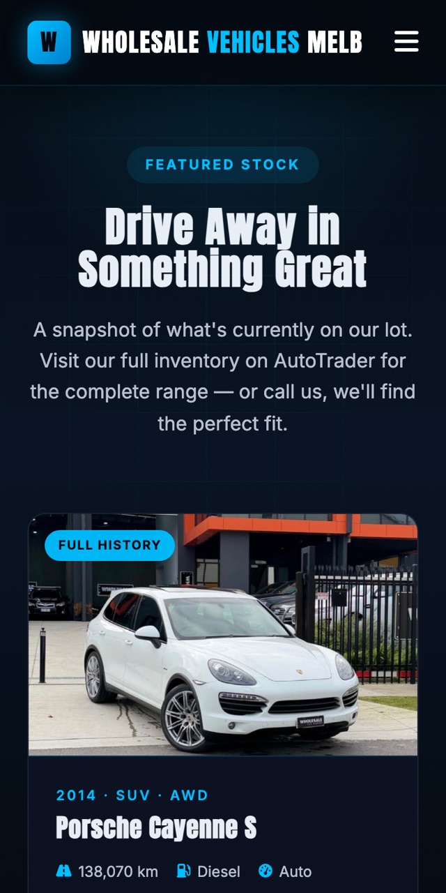The same Featured Stock listings on a phone, showing the Porsche Cayenne S with its photo, year and details